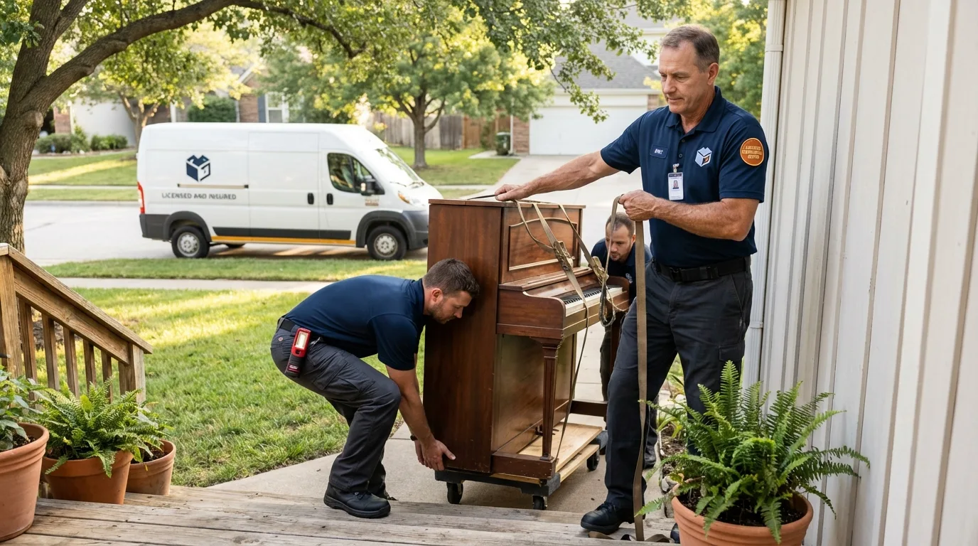 Licensed piano movers securing grand piano in West Haven, CT