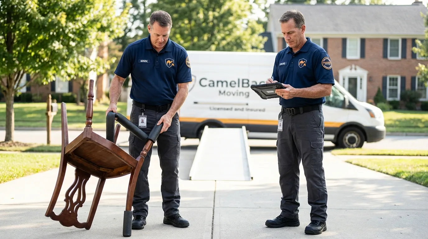 Movers inspecting furniture for damage prevention before loading in West Haven, CT