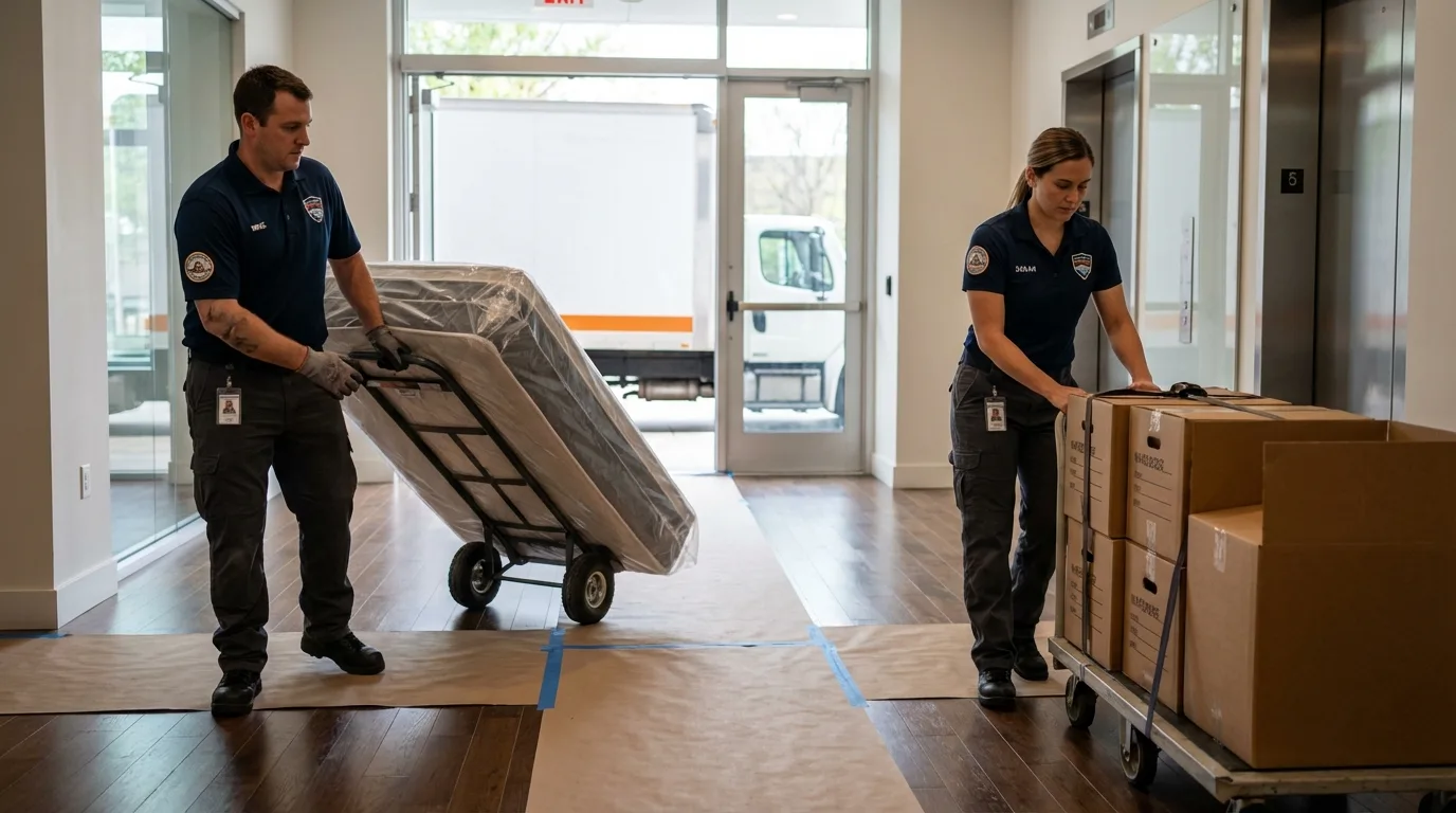 Professional apartment movers loading elevator in West Haven, CT